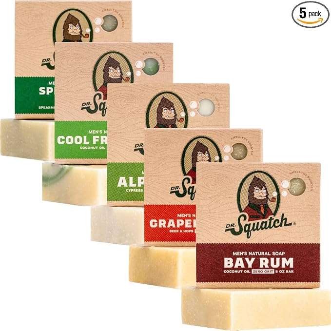 Dr. Squatch Natural Men’s Bar Soap - Cold Process Body Soap Bar with Natural Oils - Gifts for Men - Alpine Sage, Spearmint Basil, Cool Fresh Aloe, Grapefruit IPA & Bay Rum (5 oz, 5-Pack)