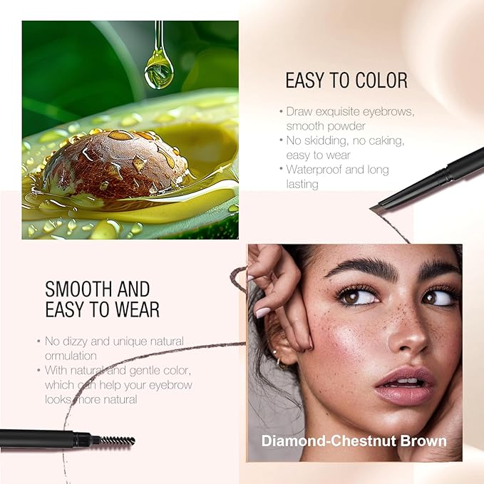Eyebrow Pencil, Retractable Definer with Dual Brush, Ultra-Fine Tip for Precise Brow Makeup, Waterproof Gel Formula, Natural Hair-Like Strokes, Enhance Beauty (Chestnut Brown, Diamond)