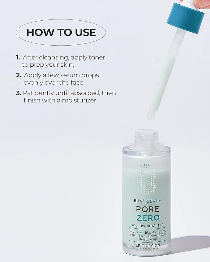 BE THE SKIN Pore Zero BHA Exfoliating Serum (30ml), Natural Willow Bark BHA + AHA, Helps Clear Clogged Pores & Blackheads Without the Sting, Cica Soothing for Oily Sensitive Skin