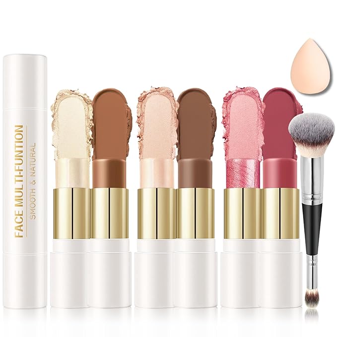 IONSGAKO 6 Colors Cream Contour Stick Makeup Kit, Double-ended Cream Highlighter Stick Bronzer and Blush Stick for Sculpt the Cheeks, Matte & Dewy Finish, Face Contour Kit for Beginners, Set B