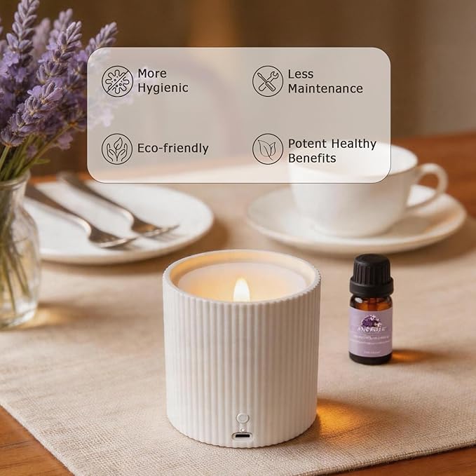 2 in 1 Waterless Essential Oil Diffuser and 3D Wick and Realistic Flame Candle,Flameless Candle Diffuser,USB Power Supply LED Candle Waterless Diffuser 12PCS Cotton Pads(No Rechargeable Battery)