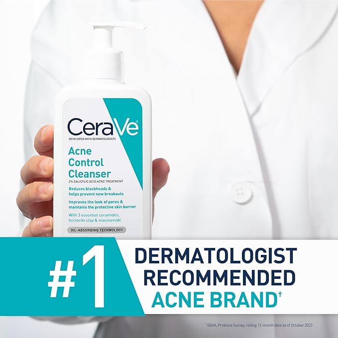 CeraVe Acne Control Cleanser, 2% Salicylic Acid Treatment Formulated With Niacinamide + Ceramides + Oil Absorbing Clay, Gentle Face Wash Helps Clear & Prevent Acne, Fragrance Free, 16 Ounce