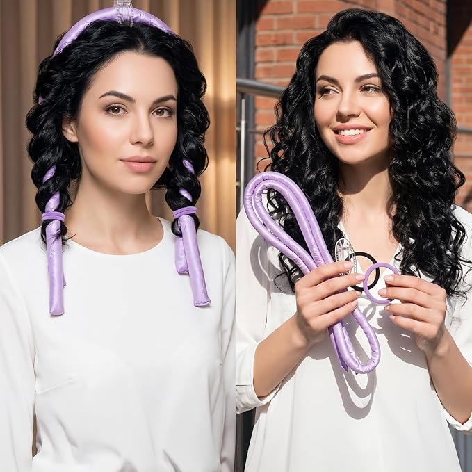 2 Sets Small Heatless Curling Rod, 160 CM Long Heatless Curlers for Long Hair with 4 hair clips and 4 hair ties, Over Night Heatless Curl Rod for Women and Girls(Black, Purple)