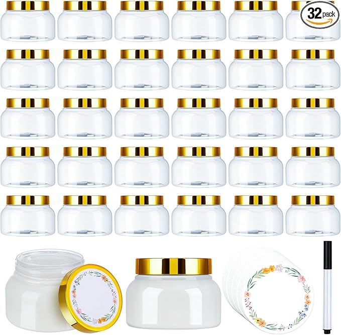 32 Pack 8 oz Plastic Tuscany Jars with Gold Lids, Body Butter Jars Clear Empty Refillable Round Cosmetic Containers with Labels Marker Pens for Creams, Lotions,Sugar Scrubs,Candy,Bath Salt