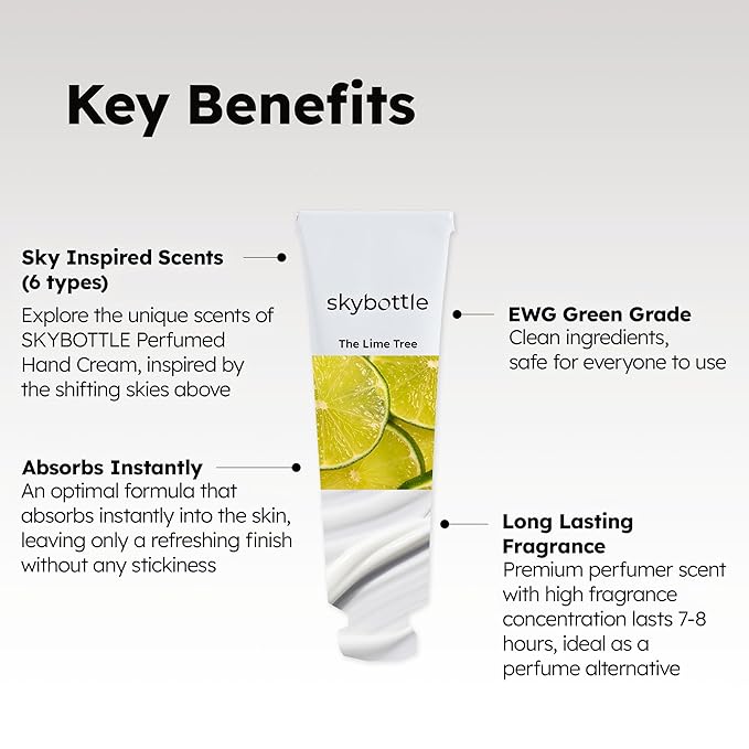 skybottle Scented Hand Cream, Fast-Absorbing Shea Butter & Hyaluronic Acid Moisturizer, Lemon, Lime, Mandarin Scent, Sandalwood Perfume, Korean Lotion Gift for Dry Skin, Travel Friendly, 1.7 Fl Oz