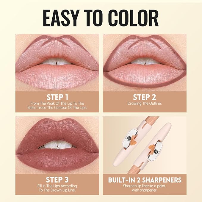 Pudaier Matte Lip Liner Set for Women, Long-Lasting Lip Makeup, Smooth LipLiner Kit with 6 Colors Lipliner & Sharpener, Waterproof Lip Liner Pencil for Defining & Filling Lips, Nude-Brown