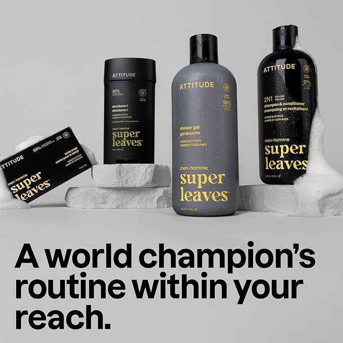ATTITUDE Men's Shampoo and Conditioner 2-in-1, Volumizing for Thin Hair, With Rosemary and Rice Protein, 97% Natural Origin Ingredients, EWG Verified, Amber & Citrus, 32 Fl Oz