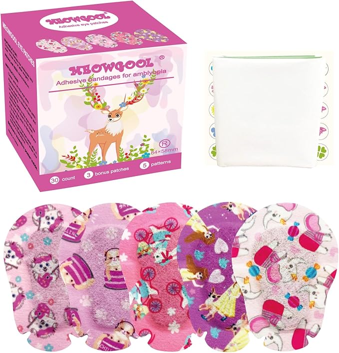 Adhesive Eye Patches for Kids with Lazy Eye, 30+3 Bonus Patches, Adhesive Bandages for Amblyopia 5 Fun Girls Designs (Regular Size)