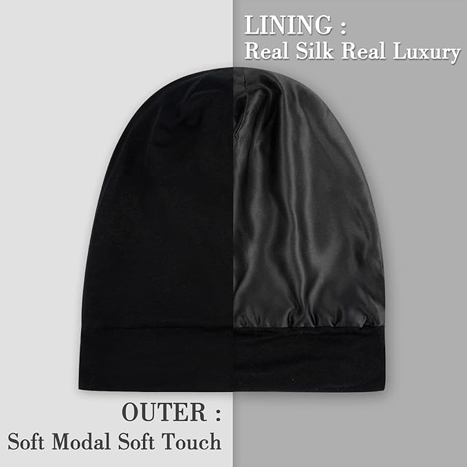 LULUSILK Mulberry Silk Bonnet for Sleeping Women, Real Silk Sleep Cap for Curly Hair and Braids, Pure Silk Head Wrap with Scrunchies, Black