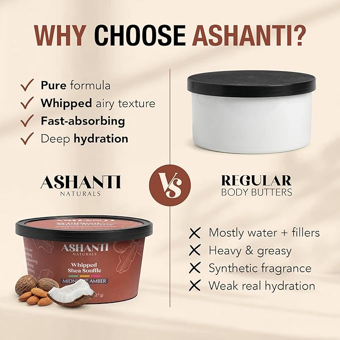 Ashanti Naturals Scented Whipped Shea Butter | African Body Butter for Men w/Coconut and Almond Oil (Midnight Amber Souffle, 8 oz)