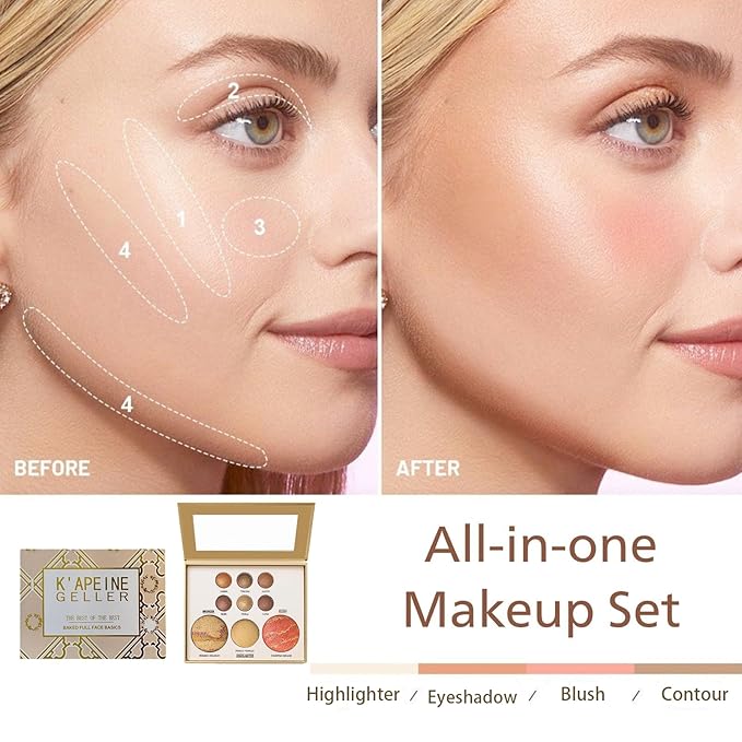 K'APEINE All in One Baked Makeup Palette, Dark Brown Eyeshadow, Blush Highlighter & Bronzer Face Kit Neutral Baked Powder Hign Pigment Full Face Makeup Set with Matte Shimmer Finish for Women-02#