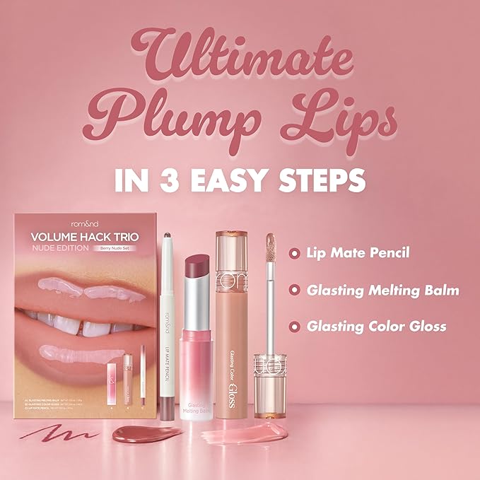 rom&nd Volume Hack Trio Berry Nude Set | 3-Step Plumping Lip Kit for Defined, High-Shine Lips | TikTok Viral Cool-Tone Gradient