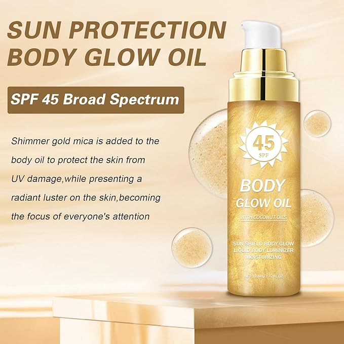Body Glow Oil,SPF 45 Broad Spectrum,Body Shimmer Oil with Gold Mica,Glitter Sunscreen with Coconut,Lightweight Non-Sticky,Water Resistant,Glowing Results,3.72 fl oz,GOLD