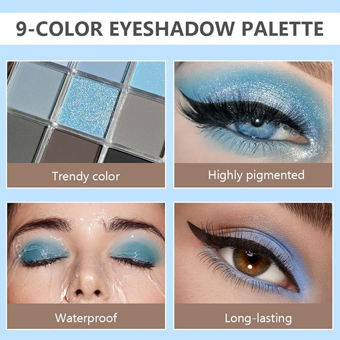 CAKAILA 9 Colors Blue Grey Colorful Eyeshadow Palette,Matte Shimmer Navy Blue Sky Blue Grey Eye Shadow Makeup Palettes,Long Lasting Waterproof Eye Makeup Palette