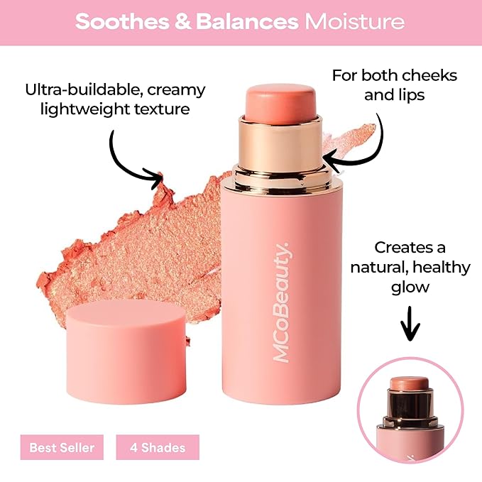 MCoBeauty Baby Face Cream Blush Stick - Kitty - Coral Pearl Multiuse Buildable Lip and Cheek Color Balm for a Radiant Dewy Glow - Face Makeup with Jojoba Seed Oil Coconut Oil - Vegan & Cruelty Free