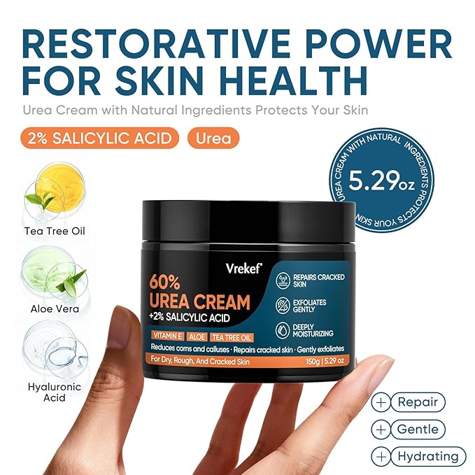 Urea Cream 60% with 2% Salicylic Acid, Urea Cream 60 Percent for Feet Maximum Strength, Foot Cream & Callus Remover for Dry Cracked Heels, Rough Thick Skin, Deep Hydration, 5.29 oz