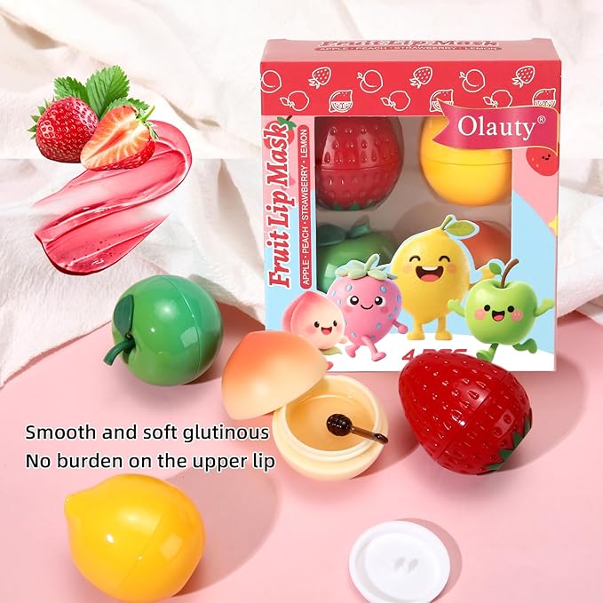 4 PCS Bee Lip Balm Lip Mask Fruit Pot,Lip Balm for Girls,Strawberry & Apple & Lemon & Peach Moisturizing Lip Sleeping Mask Overnight Lip Treatment,Small Gifts for Teen Girls,Mothers Day Gifts