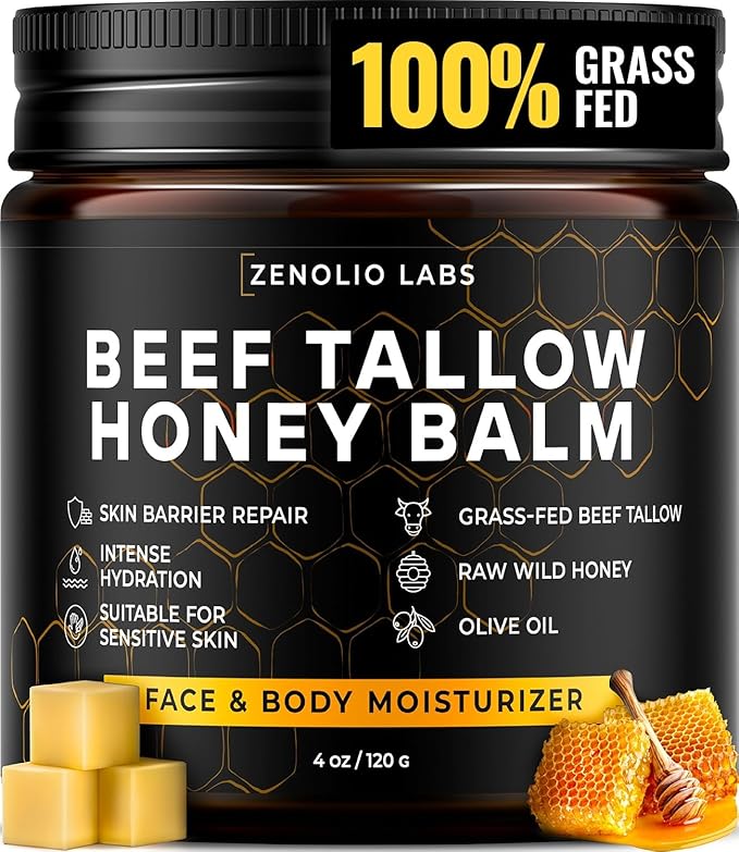 Beef Tallow for Skin Face - Tallow and Honey Balm for Face - Whipped Grass-Fed Moisturizer with Raw Honey & Beeswax - Hydrating Body Cream for Dry, Cracked and Sensitive Skin