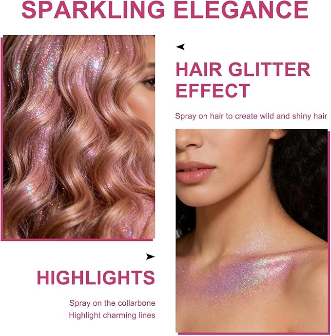 Hair and Body Glitter Spray, Shimmering Powder Sparkle Powder Makeup, Glitter Loose Sparkle Makeup for Body Highlighter,Festival Prom Rave Accessories (Metallic Beauty Beam)