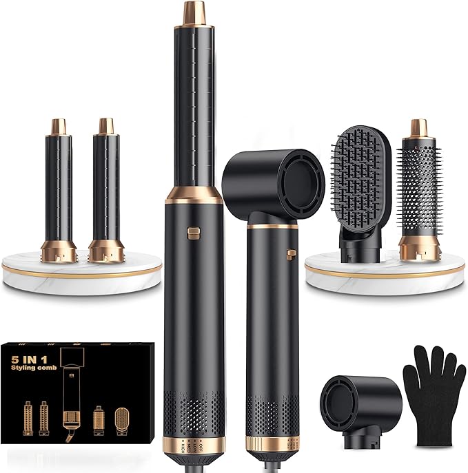 Blow Dryer Brush Set 5 in 1, Hot Air Styler Negative Ion Air Curling Wrap Air Curler Low Heat Hair Care, Round Brush Blow Dryer Hair Styling Tools Gift for Dry,Volumize,Straight,Curl, 110-120V