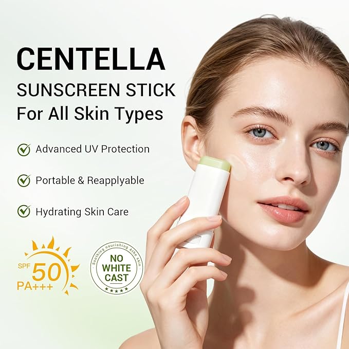 Sunscreen Stick with Centella, Sunscreen Stick SPF50+ PA++++, Soothing, Moisturizing, No White Cast, Matte Sun Stick Broad Spectrum Sunblock Stick for Face & Body, 0.71 OZ