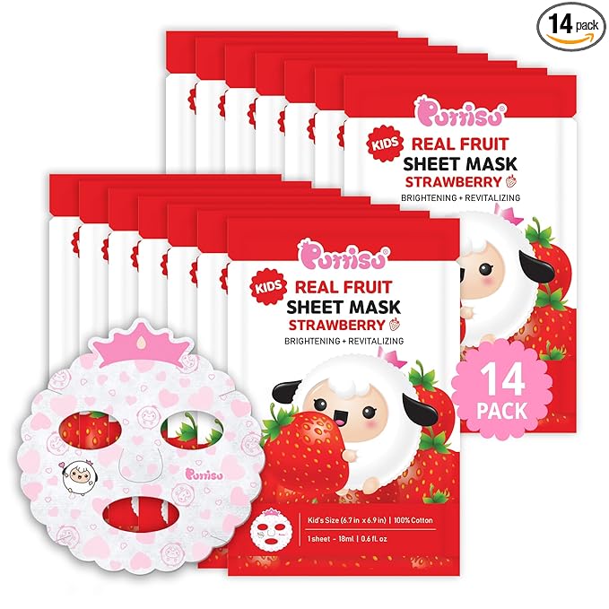 Puttisu Real Fruit Facial Mask Sheet for Kids, Children - Made with 100% Cotton, Moisturize, Sooths and Hydrates Skin (Strawberry- Pack of 14)