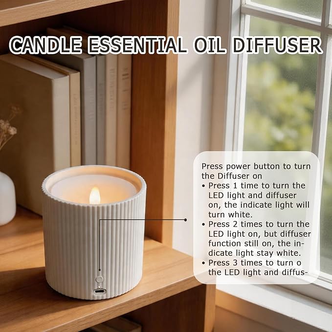 2 in 1 Waterless Essential Oil Diffuser and 3D Wick and Realistic Flame Candle,Flameless Candle Diffuser,USB Power Supply LED Candle Waterless Diffuser 12PCS Cotton Pads(No Rechargeable Battery)