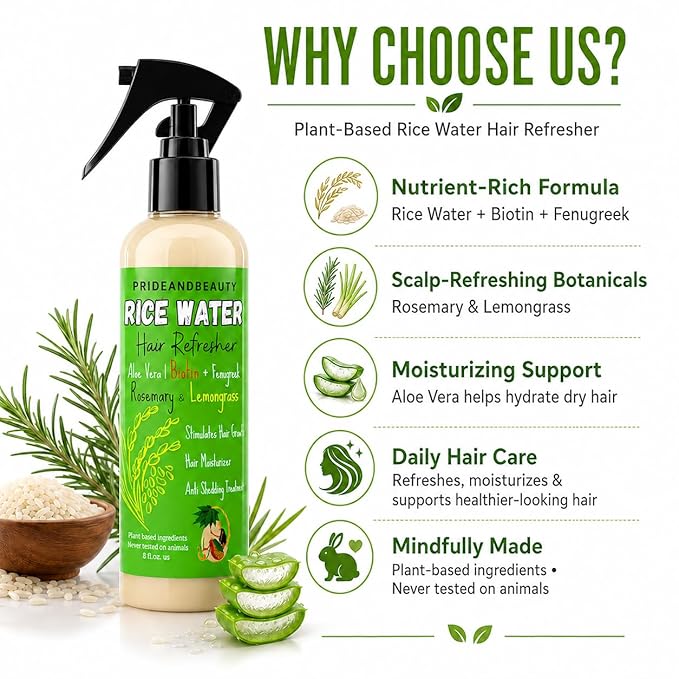 PrideandBeauty Rice Water Hair Spray with Rosemary – Hair Growth Support, Biotin, Caffeine & Keratin, Fermented Mist for Breakage Care & Hydration