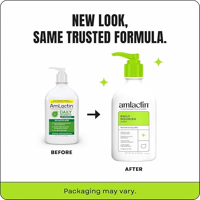 AmLactin Daily Nourish Therapeutic Body Lotion for Dry Skin - No-Scrub Exfoliator and Moisturizer 12% Lactic Acid Lotion,14.1 oz (Packaging May Vary),(Pack of 2)