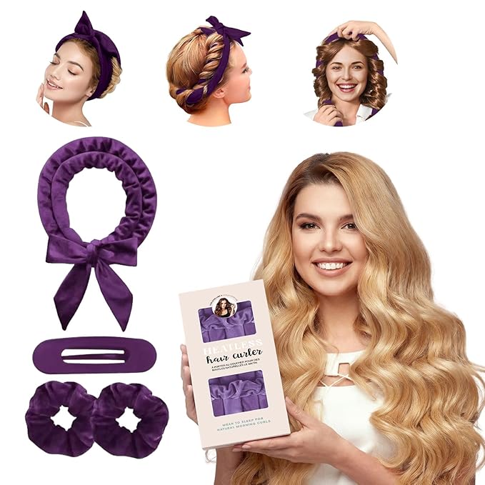 Heatless Curls Overnight Headbands for Women, Heatless Curlers Set with Scrunchies and Clip, Hair Rollers for Women to Sleep in, Soft Velvet Heatless Hair Curler for Long Hair, No Heat Damage (Purple)