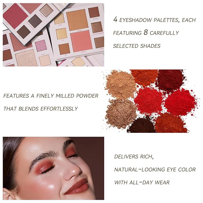 KAPEINE 4Pcs Eyeshadow Palette Set, 32 Colors Professional Eye Makeup Kit - Highly Pigmented Matte & Shimmer Nude Brown Red Pink Shades, Long Lasting Waterproof Makeup Palette for Women Girls Gift