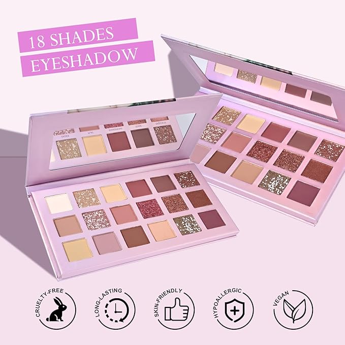 KYDA 18 Colors Purple Aromas Eyeshadow Palette, Matte Glitter Pressed Powder Eyeshadow, Lasting Ultra-fine Colorful Powder Eye Shadow, Multiuse Reflective Pearls Eyes Makeup Pallet Kit