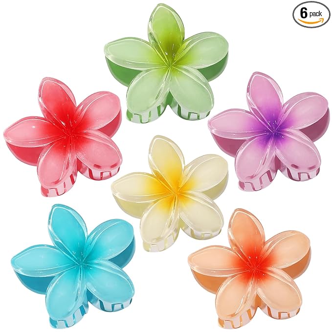 CHANDAT Flower Hair Clips 6 PCS Hawaiian Claw Clips for Vacation Hibiscus Hair Claw Clips Cute Large Hair Clips for Thick and Thin Hair Plumeria Hair Accessories for Women Girls - Hawai