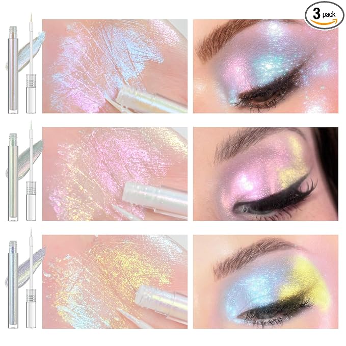 3PCS Multichrome Liquid Eyeshadow Set,Multi-Dimensional Fairy Makeup,High Pigment Waterproof Aurora Eye Shadow,Ultre Fine Tip Glitter Eyeliner (01 Aurora+02 Twilight+03 Moonbow)