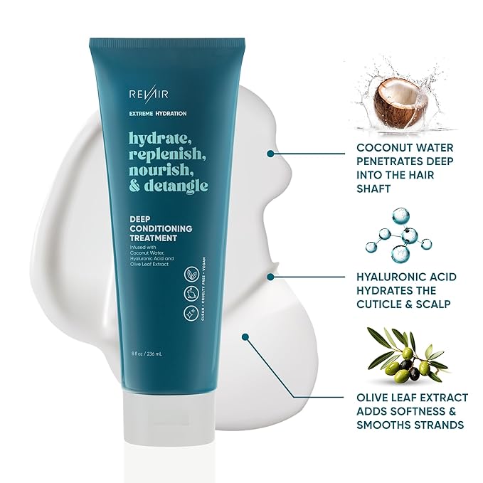 REVAIR Deep Conditioning Hair Treatment - Hydrating Hair Mask for Dry Damaged Hair - Coconut Water, Hyaluronic Acid & Olive Leaf Extract - Sulfate-Free, Paraben-Free, Vegan & Cruelty Free (8 Fl Oz)