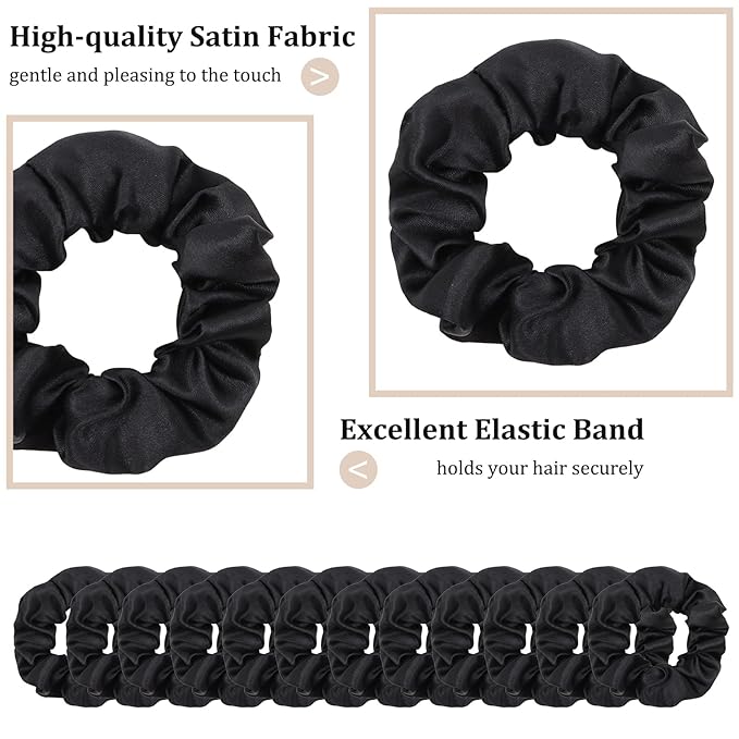 Silk Satin Scrunchies for Women Girls 12 PCS Black Hair Scrunchies Bulk Silk Satin Hair Ties for Thick Hair Hair Accessories