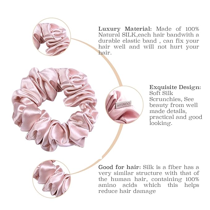 MTSNOO 100% Pure 22 Momme Mulberry Silk Scrunchies for Hair & Sleep, 4 Pack, for Women & Girls, Rosy Pink