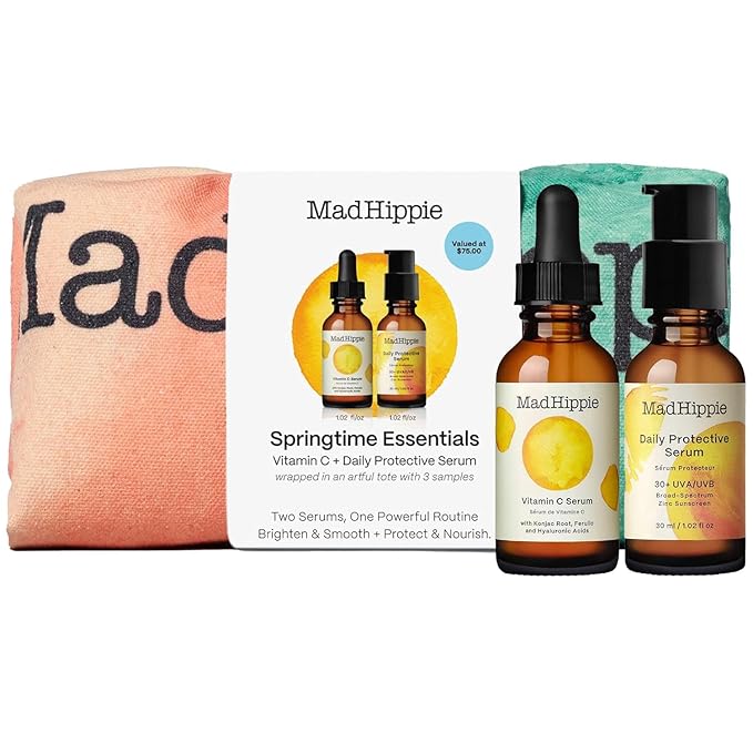 Mad Hippie Vitamin C Serum, Daily Protective SPF Serum + 3 Assorted Pillow Packs – “Springtime Essentials” Wrapped in Watercolor Dots Canvas Tote Bag
