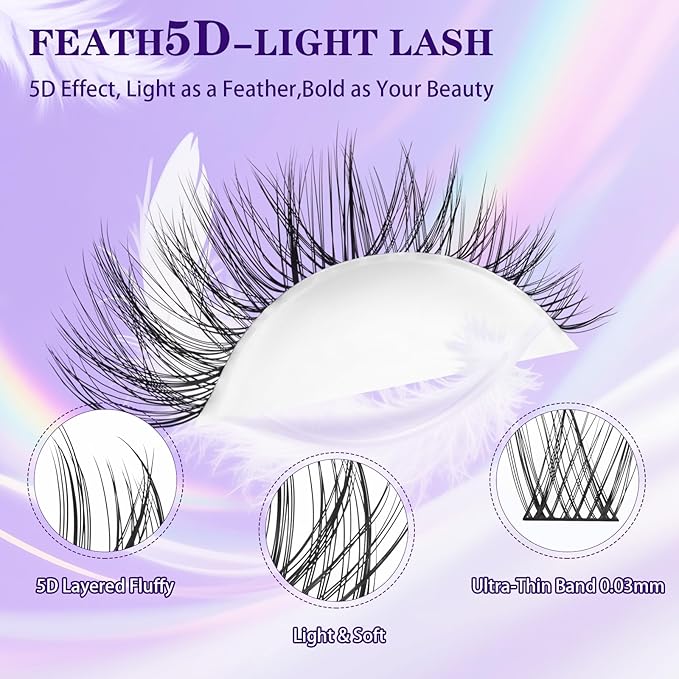 B&Q Lash Clusters Kit Wispy Fluffy - Feath5D 09 Eyelash Clusters Kit with Glue & Tools, Feathered Lightweight Lash Kit, 8-18mm C Curl Waterproof False Lashes