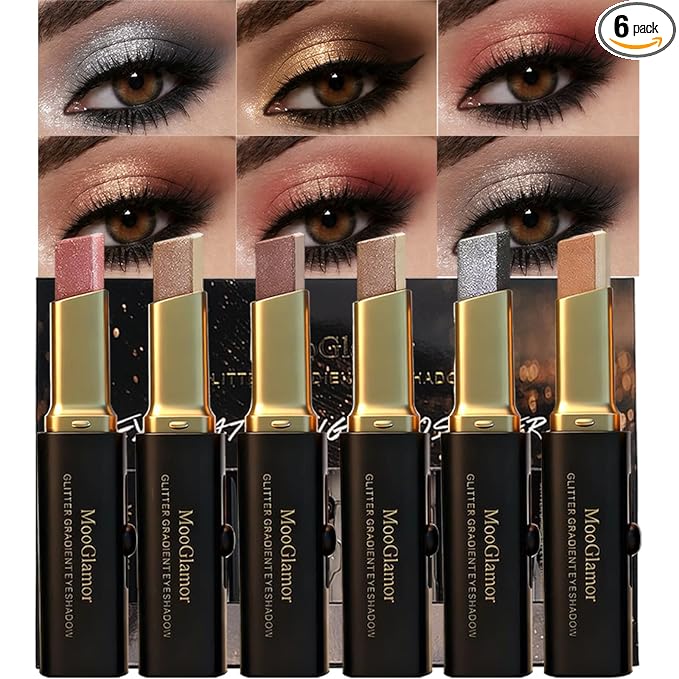 6 Pcs Glitter Eye Shadow Stick Shimmer Eye Shadow Set with Two-Color Gradient and Waterproof Eyeshadow Pen for Long Lasting Eye Makeup Gift