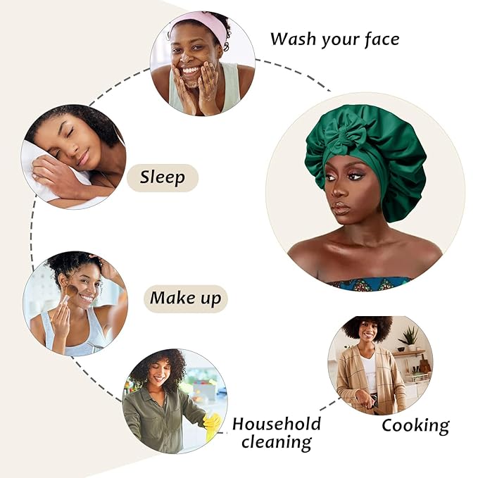 AWAYTR Satin Bonnet for Women Tie Band Hair Bonnet Large 2 Layered Silk Sleeping Cap Nightcap with 3PCS Hair Scrunchies (Green)
