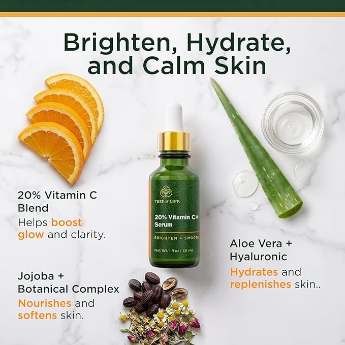 Tree of Life 20% Vitamin C+ Serum For Face with Vitamin E - Brightening & Hydrating Face Serum for Dark Spots, Fine Lines & Anti Aging - Dermatologist Tested, 1 Fl Oz