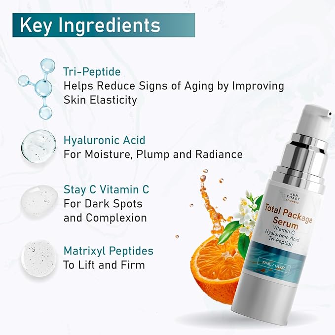 Sun Coast Sciences - Creamy Total Package Serum - Vitamin C Serum with Hyaluronic Acid & Peptides for Face - Hydrating Anti Aging Face Serum for Smoother, Firmer Looking Skin - 1 Fl Oz (Pack of 2)