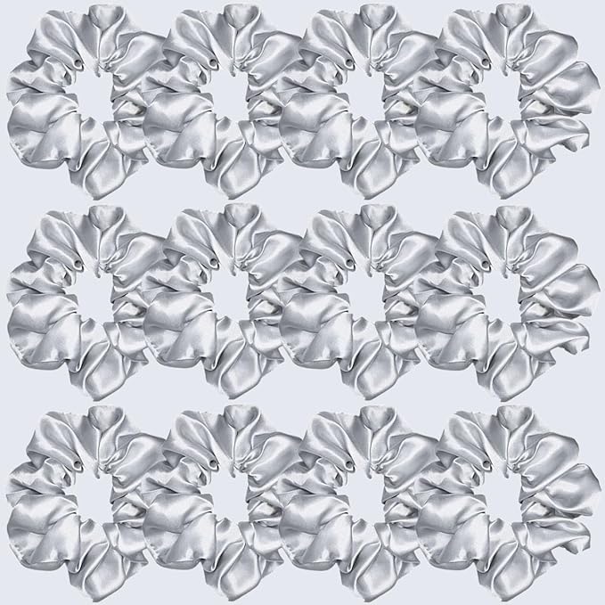 12 Pcs Satin Silk Scrunchies, Soft Hair Ties & Bands, Hair Bow Ropes, Elastic Ponytail Holders & Bracelets Hair Accessories for Women and Girls (4.5 Inch, Light Gray)