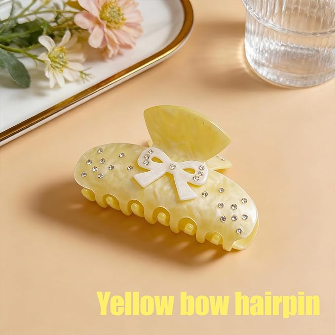 Bow Claw Clip for Women, Non-Slip Sparkling, Pink Cute Extra Large Claw Clips for Thick Hair, Strong Hold Hair Accessories for Workout Party Everyday Use(Yellow)
