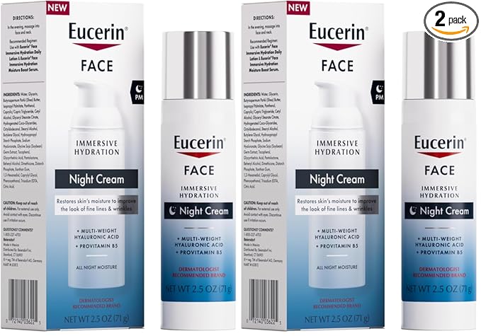 Eucerin Face Immersive Hydration Night Cream with Hyaluronic Acid and Provitamin B5,Ultra-Lightweight Face Moisturizer Smooths Fines Lines and Wrinkles,2.5 Oz Bottle,(Pack of 2)
