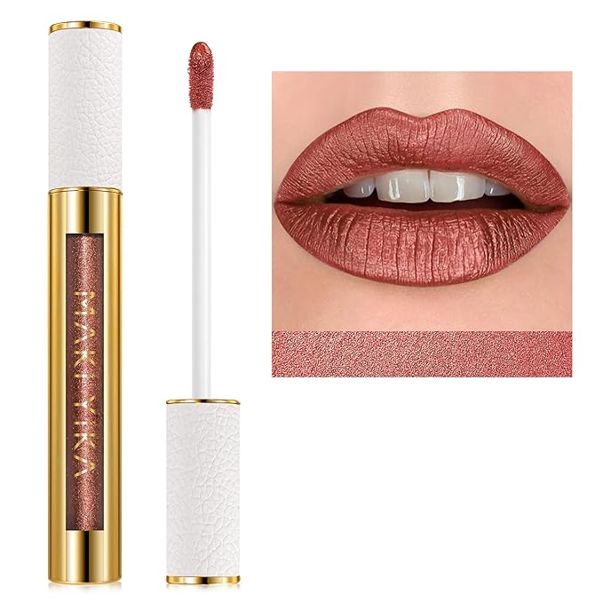 MAKI YIKA Metallic Lipsticks Long Lasting Brown Lipstick for Mother Women Glitter Lipstick No Smudge Transferproof iquid Lip Gloss (BR09 Celebration)