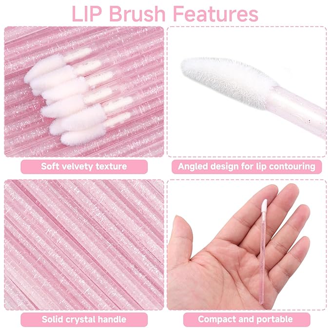 G2PLUS 100PCS Glitter Crystal Lip Brush, Disposable Lip Brushes, Lip Gloss Applicators,Lip Gloss Wands Applicator Perfect Makeup Tool Kits (Pink)