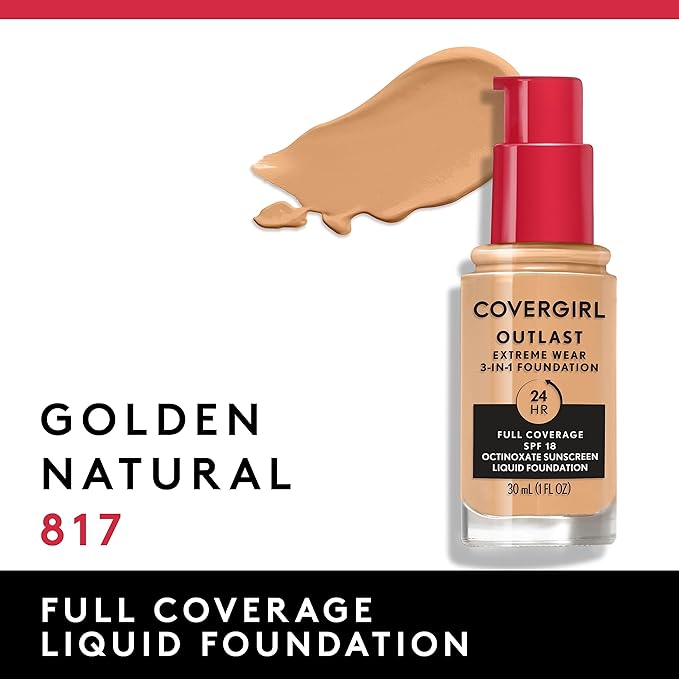 Covergirl Outlast Extreme Wear 3-in-1 Full Coverage Liquid Foundation, SPF 18 Sunscreen, Golden Natural, 1 Fl. Oz.