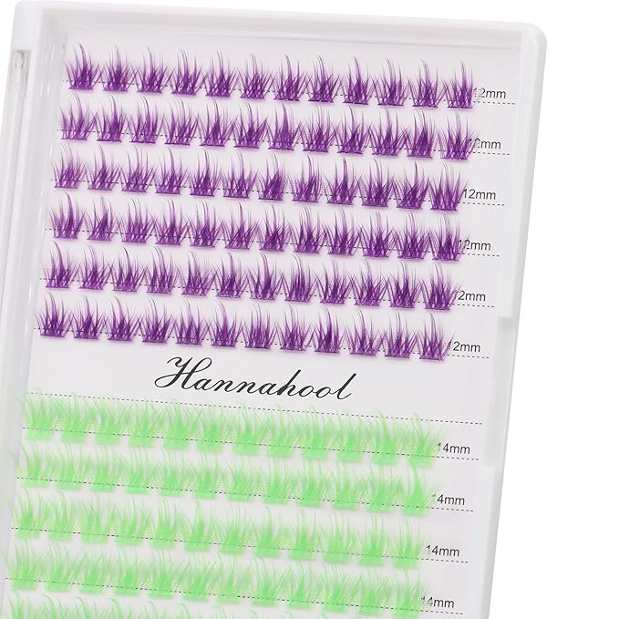 12rows-Large Tray Mixed 8-10-12-14-16mm/Mixed 14-15-16mm/Mixed14mm-16mm/Mixed 18-20mm Wide Stem Individual False Eyelashes Dramatic Black Cluster Eyelashes (LC07-Purple-green-12-14mm)